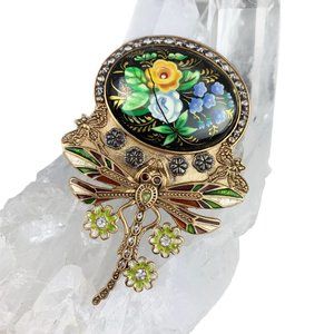 VTG AKR Hand Painted Floral Dragonfly Flower Enamel Crystal Pendant Brooch Pin